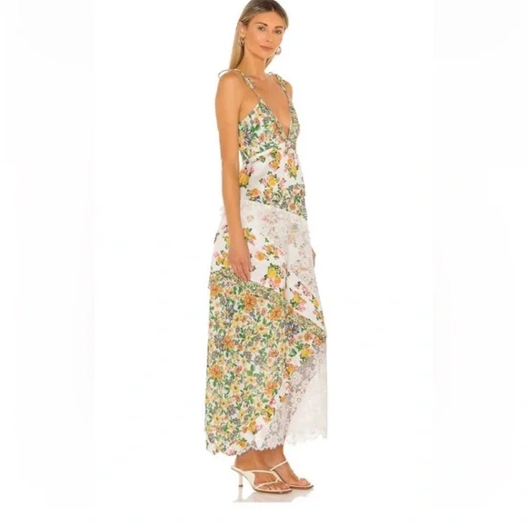 For Love And Lemons Floral The Rosalyn Maxi Marigold Green XL NEW